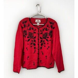 Tiara Red Sweater Cardigan Front Button Embroidered Beaded Christmas Sz L